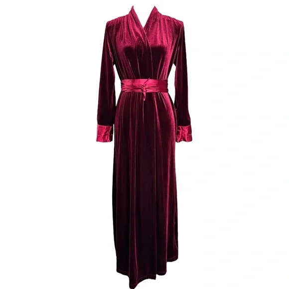 Jonquil Diane Samandi Velvet Robe XS Burgundy Long Belted Wrap Duster - Picture 2 of 8